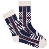 Women's K.Bell crew socks with a white, navy and red plaid pattern.