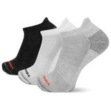 Three pairs of socks in black, white, and gray with a visible MERRELL logo on a white background.