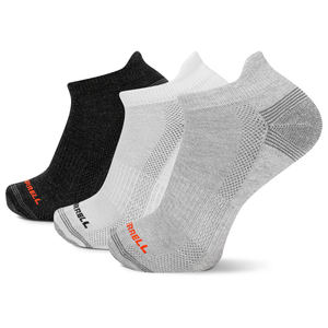 Three pairs of socks in black, white, and gray with a visible MERRELL logo on a white background.