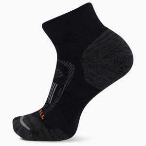 Black athletic sock with orange logo on a white background