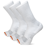 Three pairs of white socks with orange accents on a white background