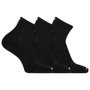 Three black socks with orange accents on a white background