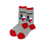 A pair of gray crew socks with red heel and toe, featuring the text 'TEXAS' and the shape of the state of Texas, along with a cowboy hat design.