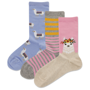 Assorted HOTSOX Kid's Llama Stripe Crew Socks 3 Pair Pack
