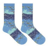 A pair of women's crew socks with a Monet's water lilies print in blue, green, and white colors. thumbnail