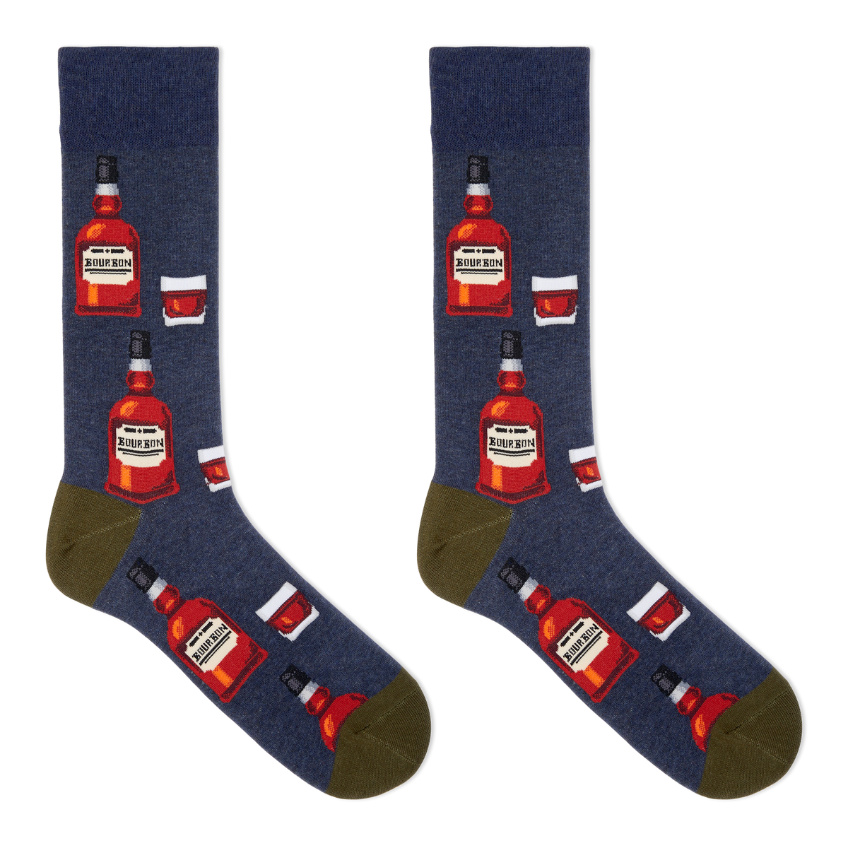 A pair of men's crew socks with a bourbon design, featuring illustrations of bourbon bottles and a glass on a navy background.