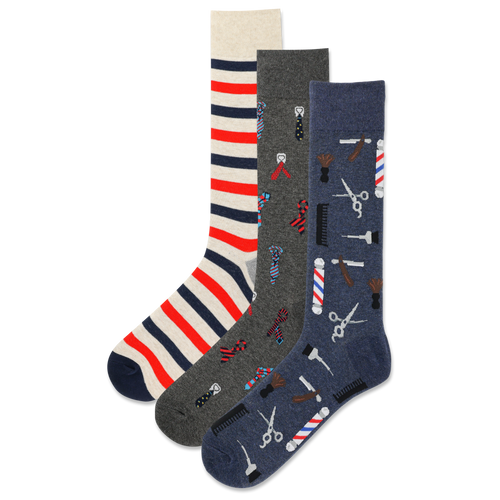 Three pairs of men's striped socks with barber-themed patterns including scissors, clippers, and keys.