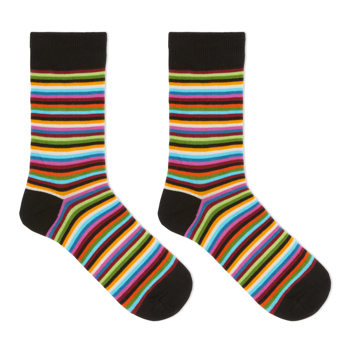 A pair of women's crew socks with multicolor horizontal stripes.