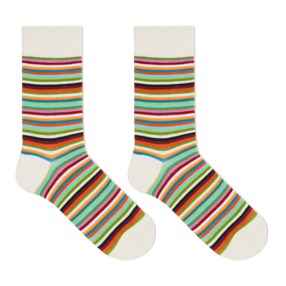 A pair of women's crew socks with multicolor horizontal stripes.