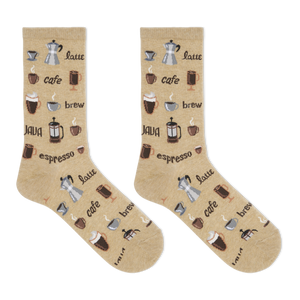 A pair of tan crew socks with coffee-related graphics such as cups and beans.