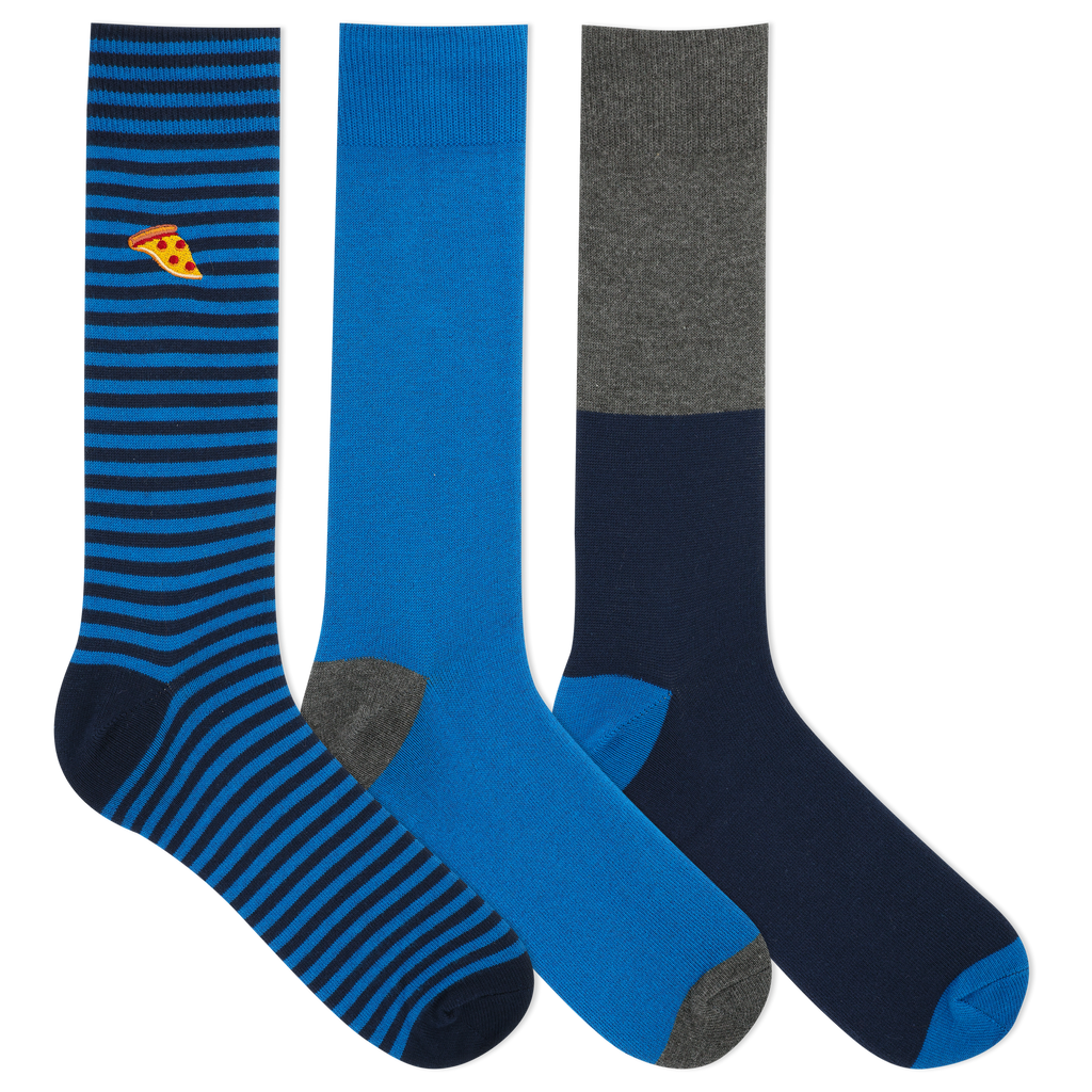 Three pairs of men's socks, featuring one with blue and white stripes, one with gray stripes, and one with a solid blue color and embroidered pizza slice icon.