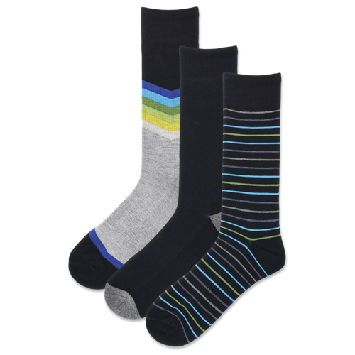 Three pairs of men's crew socks with chevron patterns and stripes in shades of black, gray, blue, and green.