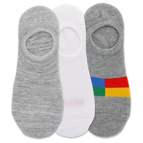 Three pairs of men's liner socks with varying designs, predominantly in gray, white, and multicolor patterns.