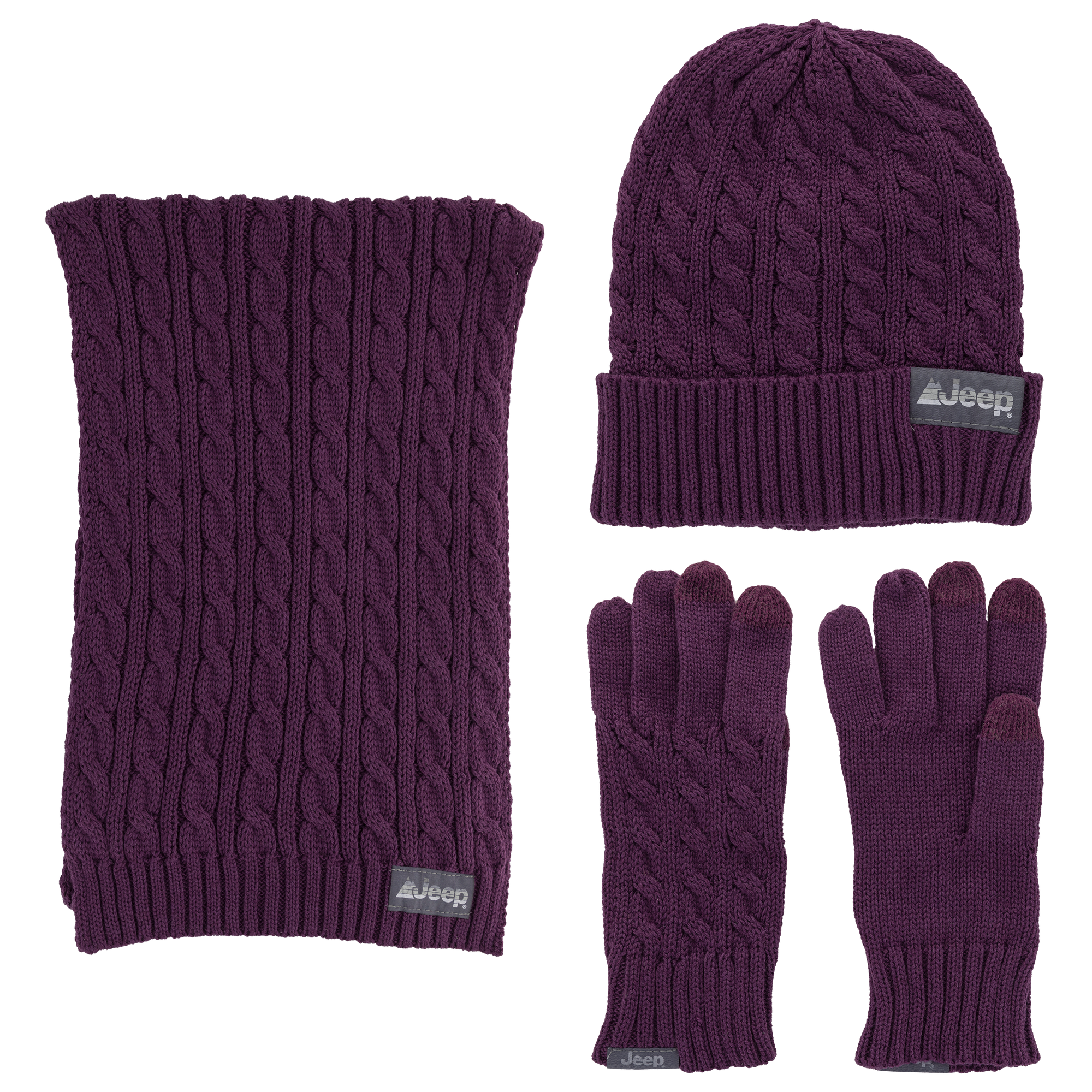 Set – Knit Jeep® Loops and Hat Scarf, 3-Piece Cable Glove & Wales