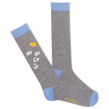 K.Bell men's gray crew socks with a periwinkle blue contrast cuff, heel and toe, arch support, and a pattern of emojis and ghosts. thumbnail