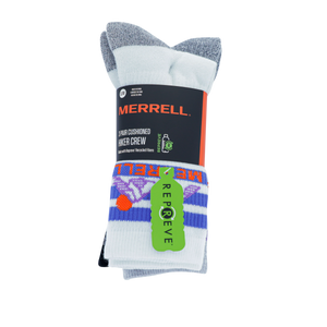 Merrell Durable, Recycled Blend All Around Crew Sock 3 Pair Pack with Blister Protection and Fast Dry Moisture Wicking